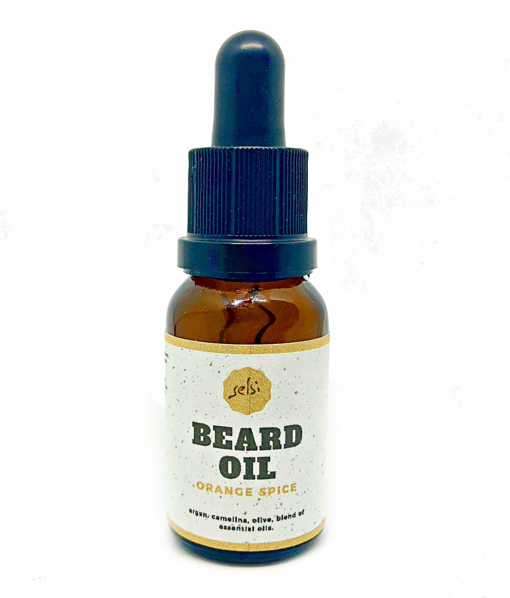 Hand made natural beard oil, lightly scented with orange and spice essential oils. Made by Selsi in Toronto.